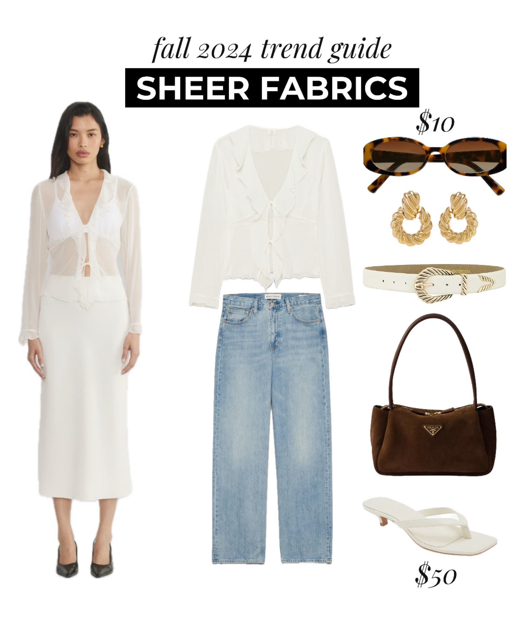 Fall 2024 trend: sheer fabrics like chiffon, mesh, and organza. 

I love the simplicity of this sheer top from Aritizia. The delicate ruffle and front tie makes gives it just the right amount of flirty without being too revealing. Again, going for that 70s boho chic vibe with the suede bag  