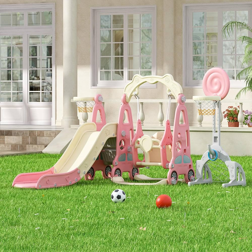 6 in 1 Toddler Slide and Swing Set, Indoor and Outdoor Kids Playset with Slide, Swing, Climber, B... | Amazon (US)