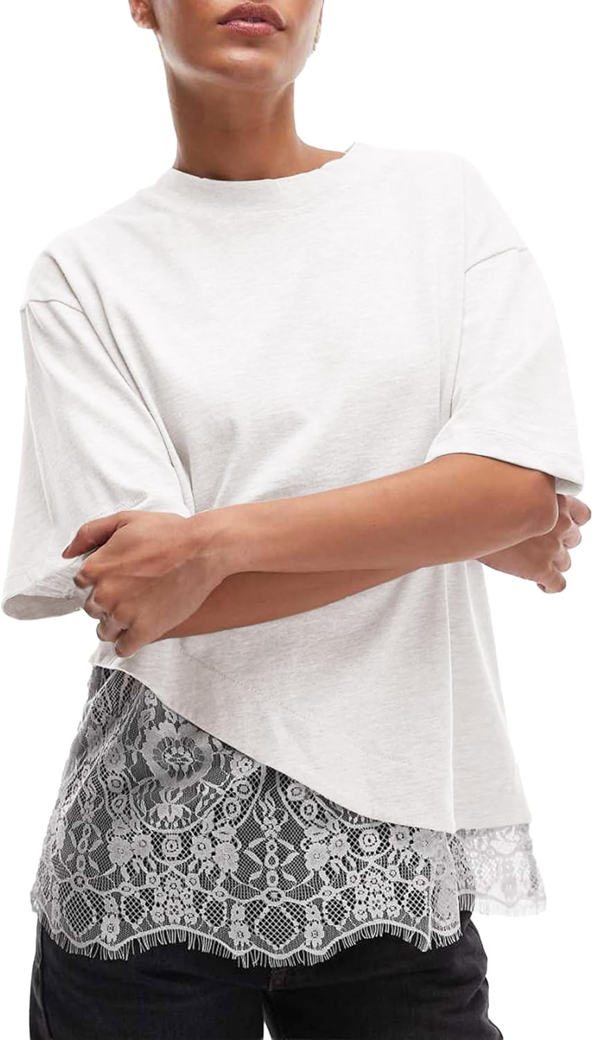 Womens Lace Patchwork Tops Casual Short Sleeve Cotton T Shirts | Amazon (US)
