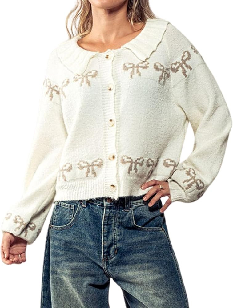 Womens Scalloped Collar Bow Sweater Cardigan Y2K Long Sleeve Embroidered Knitwear Outerwear | Amazon (US)