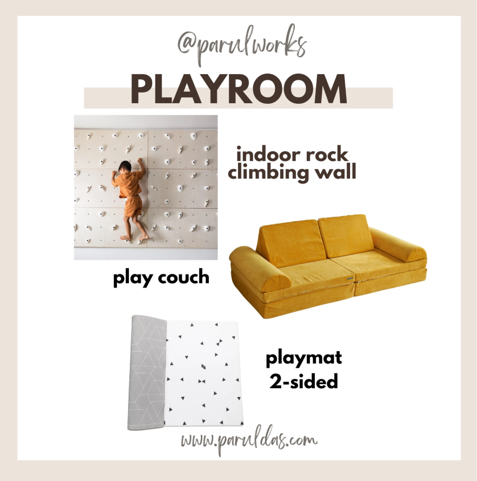 Our playroom is a work in progress, but here are the most requested items. The rock wall was actually easier than we thought to install. The rocks can be adjusted as the kids get older and stronger. We went with the Brentwood Home play couch, but got a Nugget cover in the color we wanted. We have had the playmat for years and it's still in great shape. 

#LTKFamily #LTKFitness #LTKKids