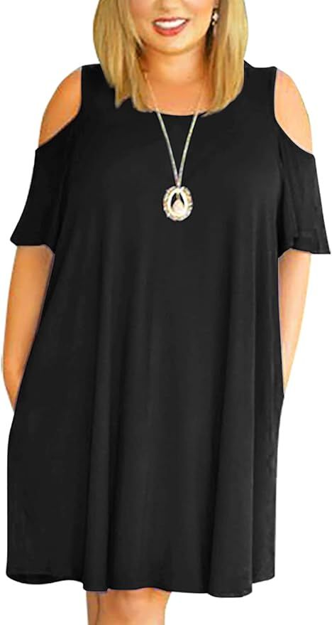 Nemidor Women's Cold Shoulder Plus Size Casual T-Shirt Swing Dress with Pockets | Amazon (US)