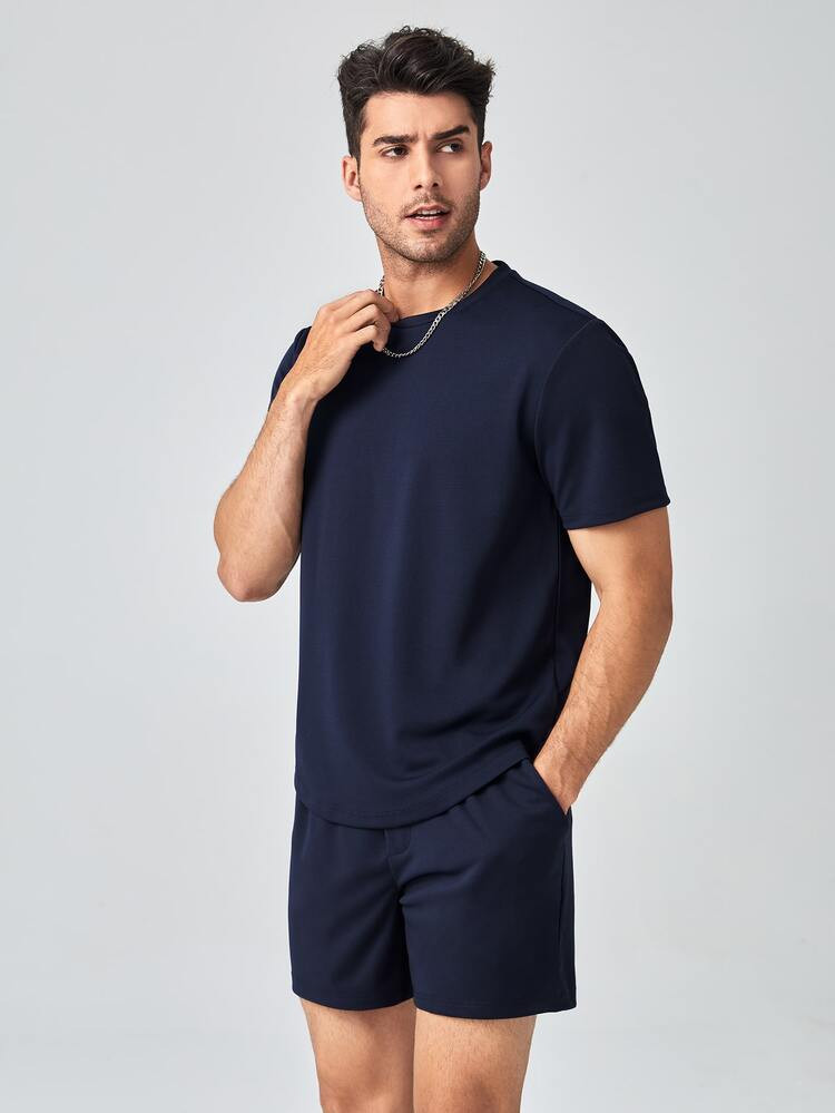 SHEIN Men Solid Tee And Drawstring Waist Track Shorts Set | SHEIN