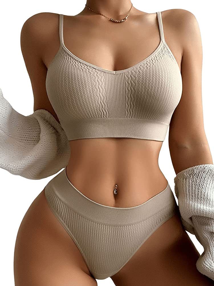 SweatyRocks Women's Cute Two Piece Lingerie Set Seamless Wireless Bra and Thong Panty Set Underwe... | Amazon (US)
