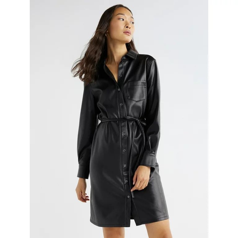 Time and Tru Women's Belted Faux Leather Shirt Dress, Sizes XS-XXL | Walmart (US)