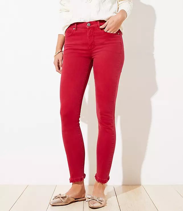Frayed Skinny Jeans in Rio Red | LOFT | LOFT