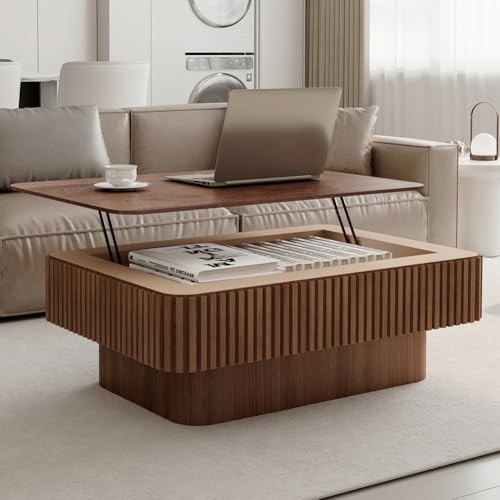 Lift Top Coffee Table with Storage for Living Room Mid Century Modern Coffee Table with Lifting Top Wood Fluted Coffee Tables with Lifts Up Tabletop for Home Apartment Office 38.6" Walnut Rectangle | Amazon (US)