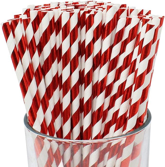 Just Artifacts 100pcs Premium Biodegradable Striped Paper Straws (Striped, Metallic Red) | Amazon (US)