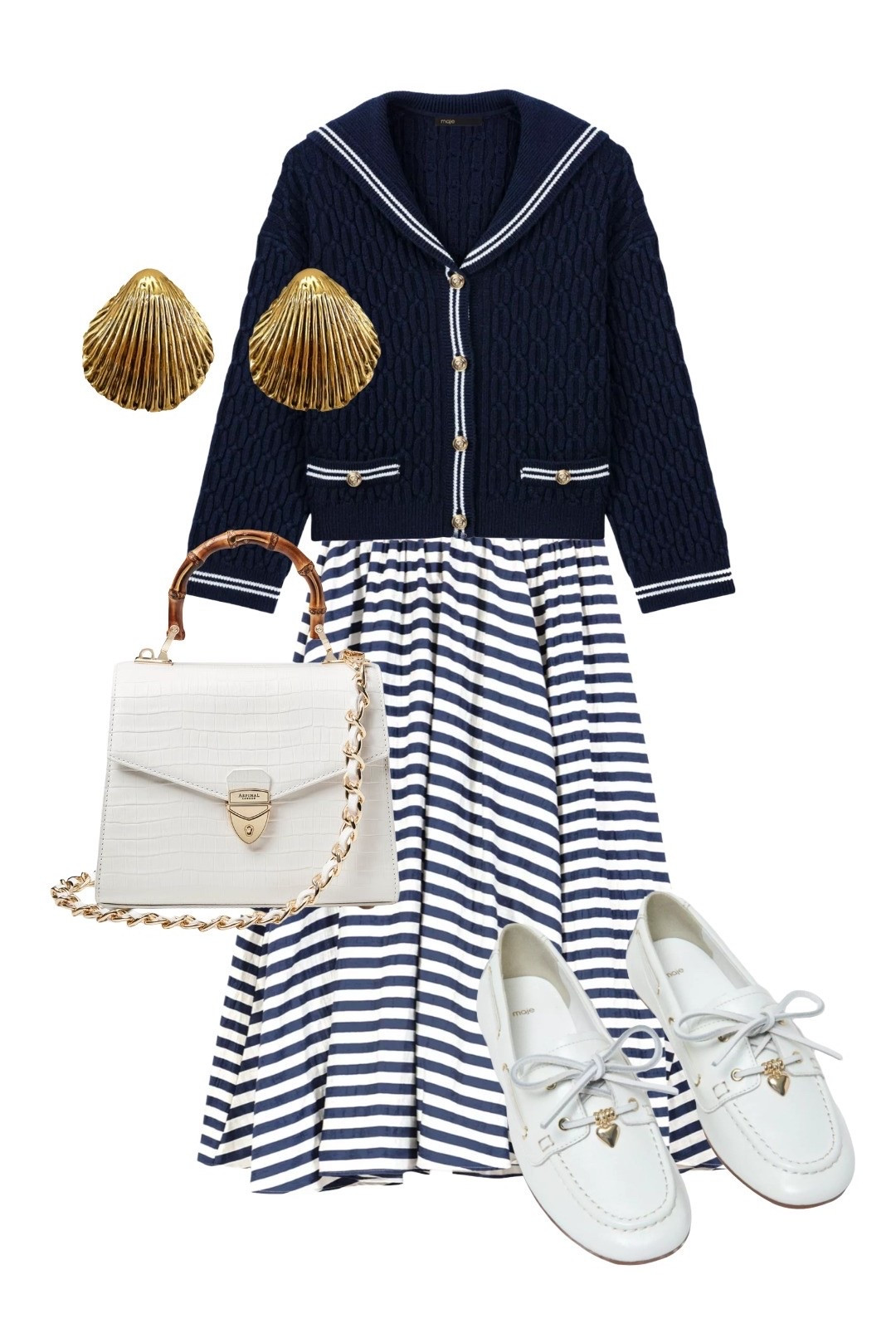 The cutest nautical look with most pieces on SALE! Ahoy! 🌊 ⚓️ 🛥️ 

Sailor Collar Cable Cardigan in Navy Blue, Stripe Midi Skirt and Boat Shoes - on sale - final markdowns, so hurry - Maje Paris

Shell Earrings - Rixo

Bamboo Handle Mayfair Bag in White Leather - Aspinal of London


#LTKshoes #LTKeurope #LTKbag #LTKstyletip #LTKtravel #LTKuk

#LTKsummer #LTKsale #LTKluxury