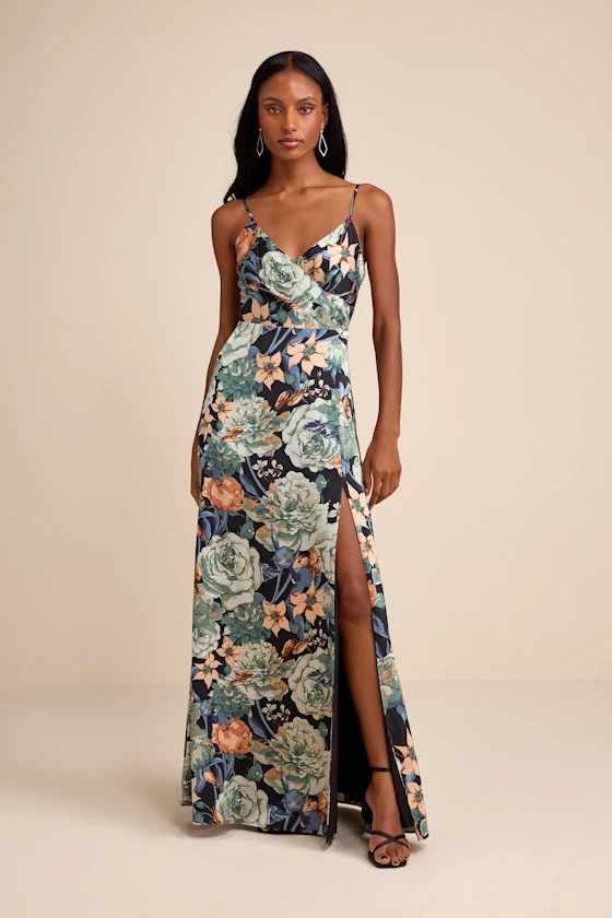 Radiant Occasion Black Multi Floral Satin A-Line Maxi Dress | Lulus
