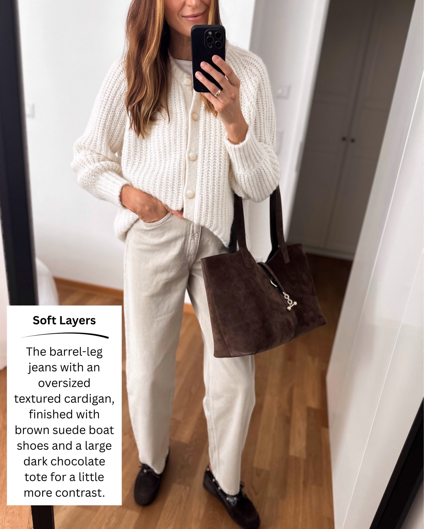 Autumn layers / Chunky cardigan / Barrel-Leg Jeans / Suede 
___
Jeans @mango - run big, wearing 36 EU/S.
Cardigan @SEZANE - oversized fit, wearing a medium
Bag @Strathberry 
Shoes @Boden (UK) 
___
#autumnlook #ad #falllook #neutrals

#LTKautumn #LTKstyletip