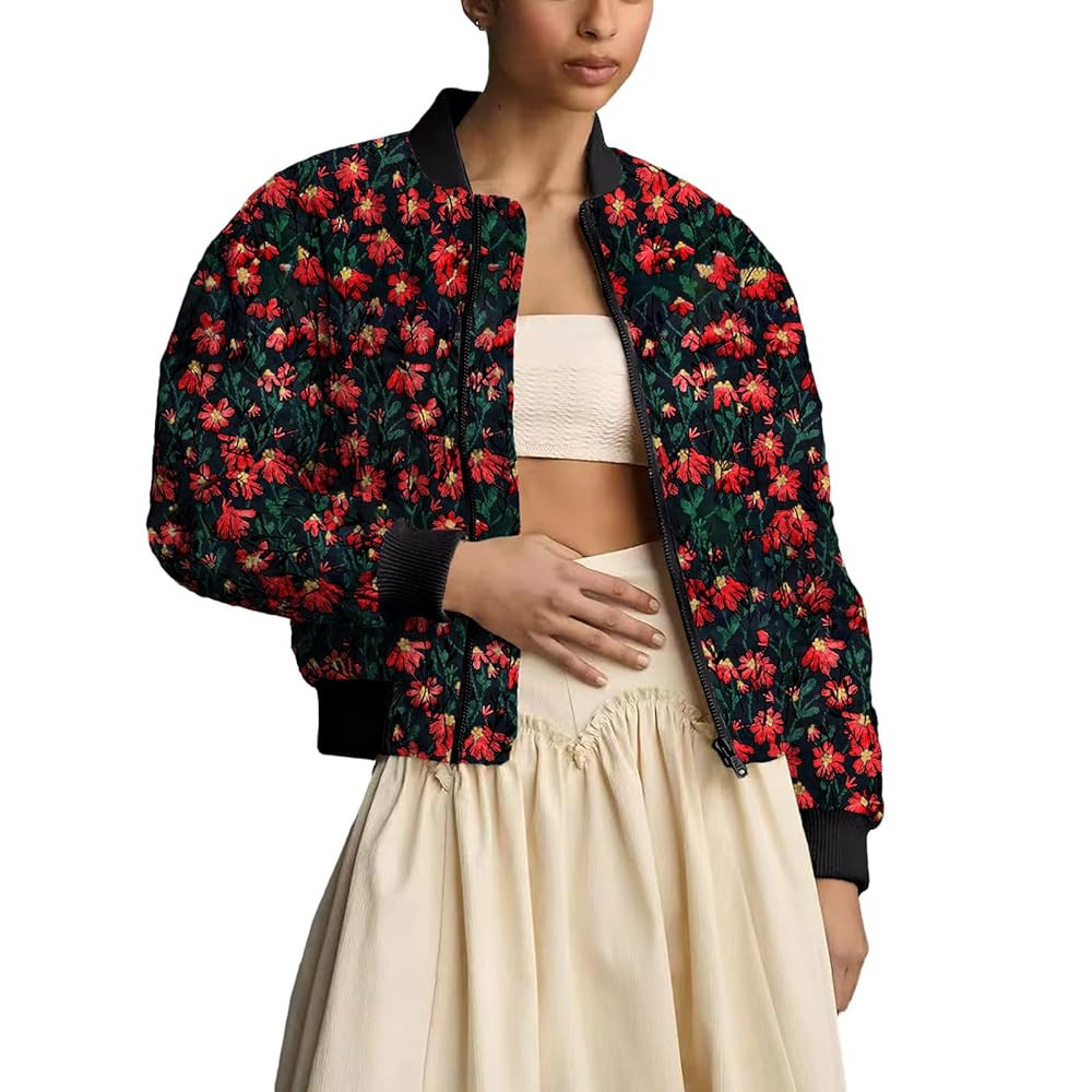 Shiyifa Women's Embroidered Daisy Cropped Bomber Jacket Long Sleeve Quilted Puffer Jackets Padded... | Amazon (US)
