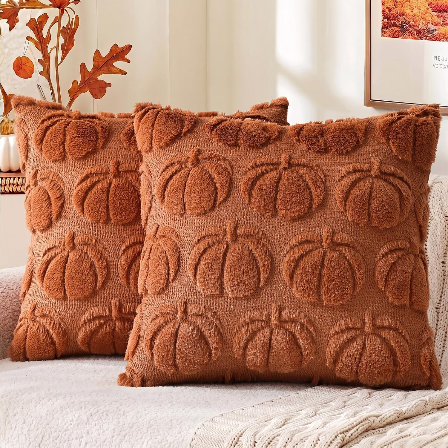 decorUhome Light Rust Pumpkin Faux Fur Throw Pillow Covers 18x18 Set of 2 | Amazon (US)