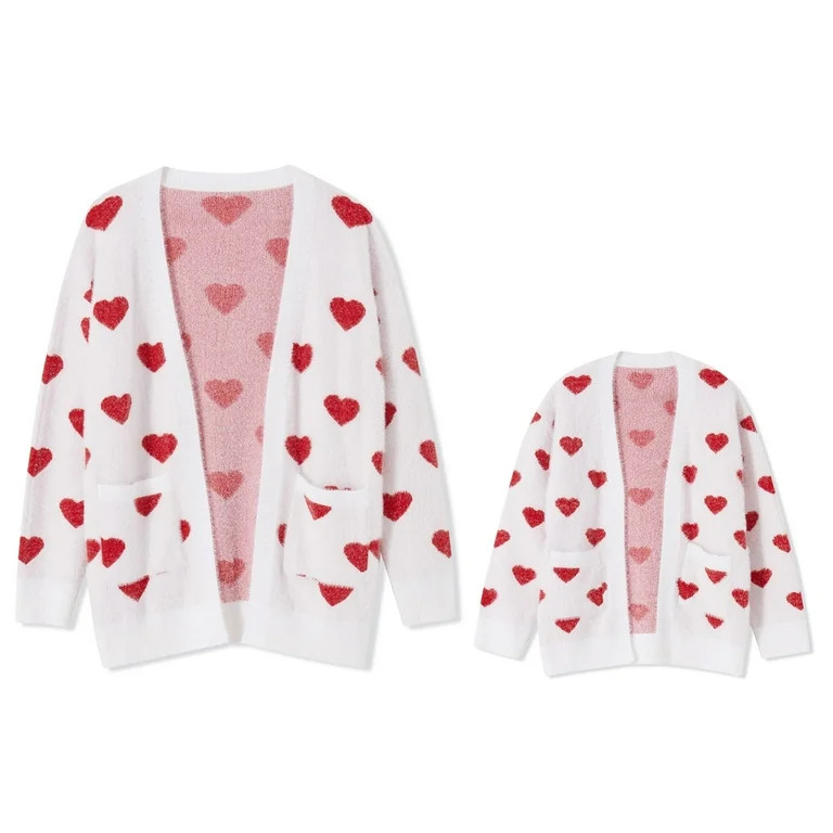 Mommy and Me Valentine's Day Outfits Heart Pattern Long Sleeve Open Front Cardigan Sweater - Walm... | Walmart (US)
