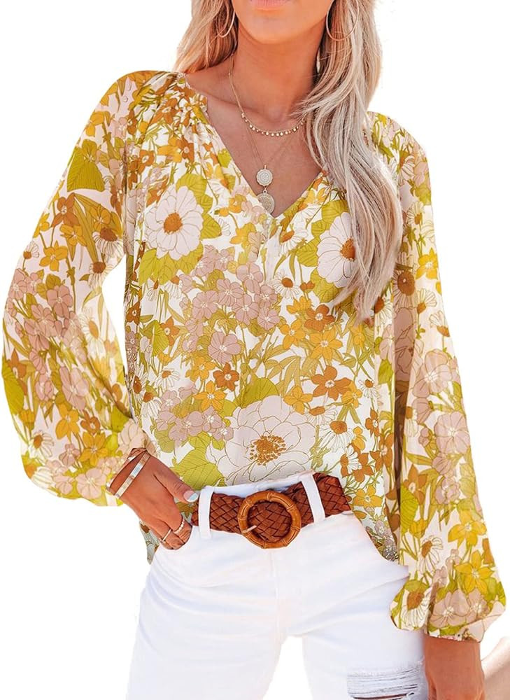 Dokotoo Women's Casual Boho Floral Print V Neck Long Sleeve T Shirt Blouses | Amazon (US)