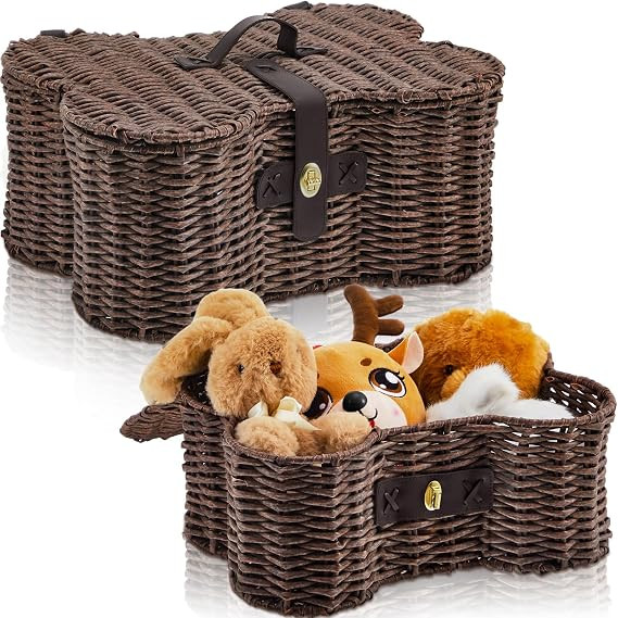 Barydat 2 Set Large Small Dog Toy Basket with Lid Bone Shaped Basket for Dog Natural Wicker Woven... | Amazon (US)