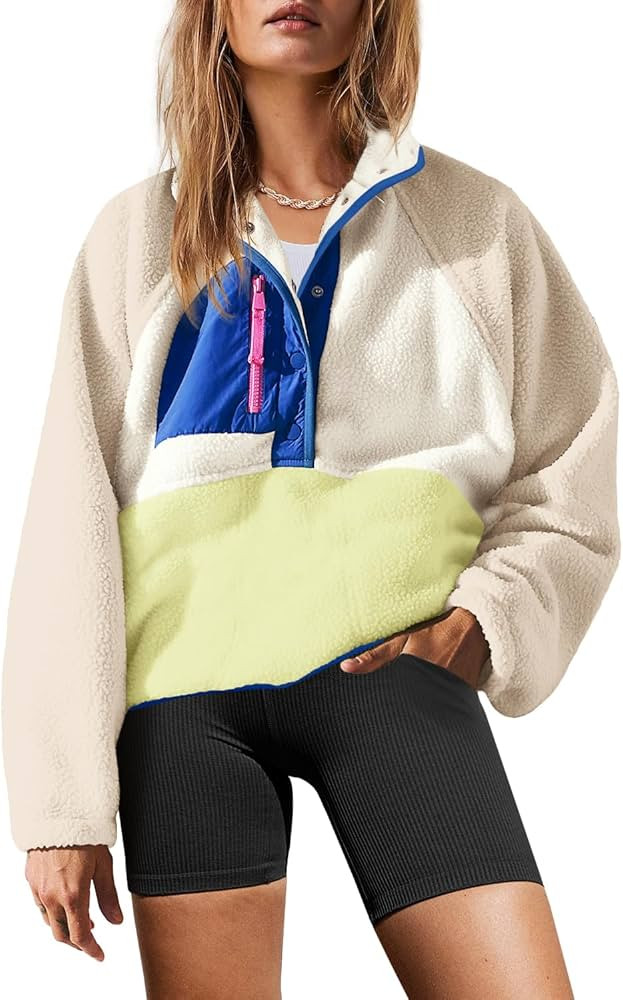 Yanekop Womens Fuzzy Fleece Pullover Sherpa Sweatshirt Long Sleeve Button Down Sweater Jacket wit... | Amazon (US)