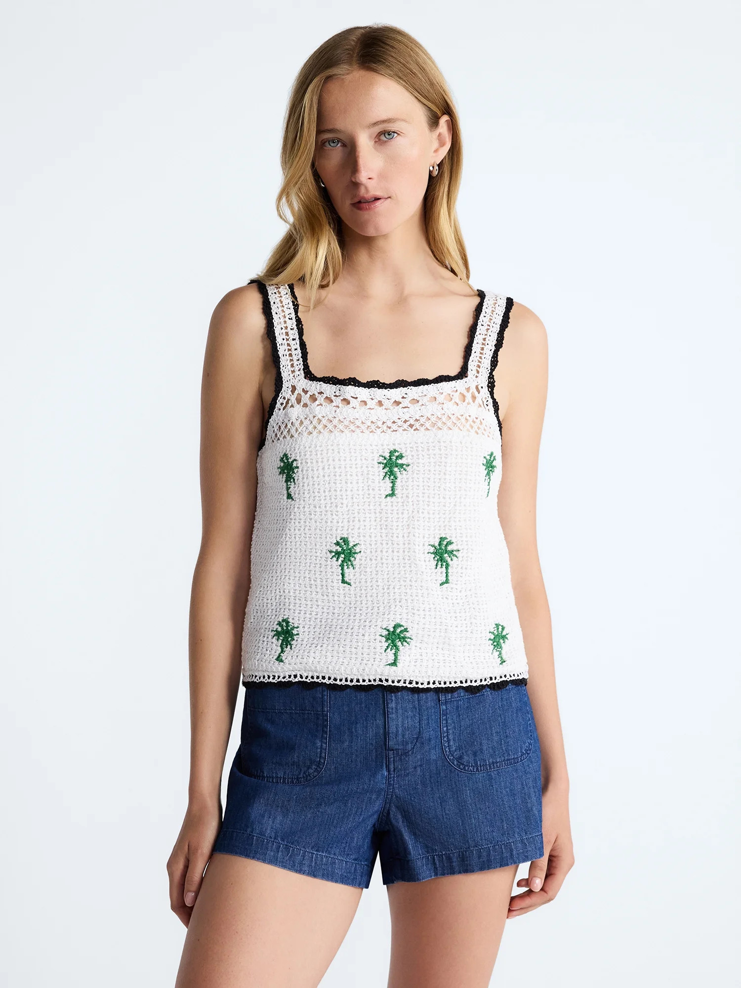 Free Assembly Women's Embroidered Square Neck Cotton Tank Top, Sizes XS-XXL | Walmart (US)