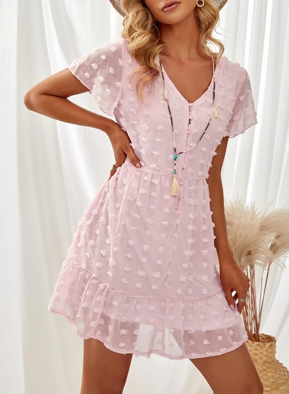 Dokotoo Womens 2023 Short Sleeve Split V Neck Ruffle Chiffon Elegant Mini Short Skirt Dresses | Amazon (US)