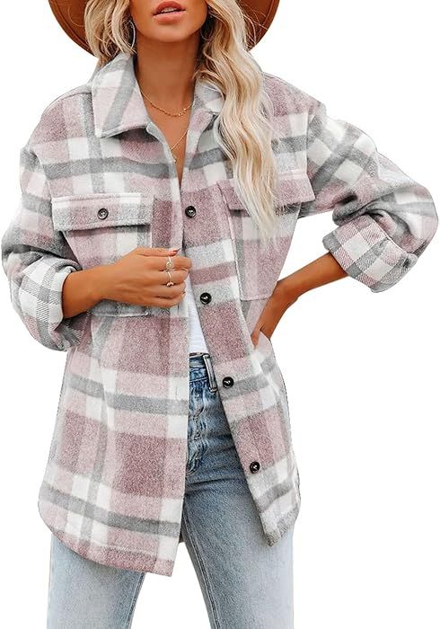 Dokotoo Womens Casual Plaid Button Down Long Sleeve Shirts Flannel Shacket Jacket Coats | Amazon (US)