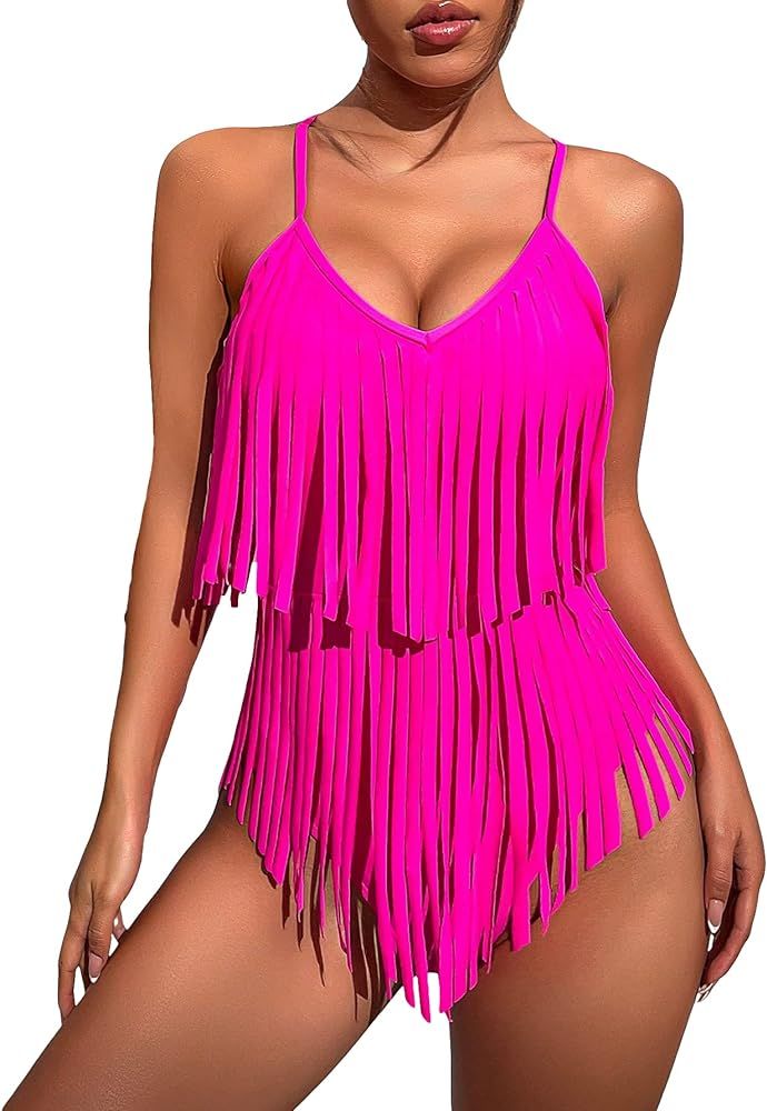 WDIRARA Women's Fringe Trim Swimwear Spaghetti Strap Sleeveless One Piece Swimsuit | Amazon (US)