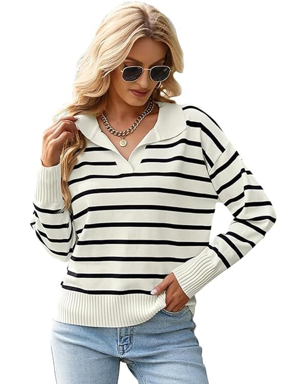 Women's Lightweight Striped Loose Sweater Polo V Neck Knitted Lapel Shirt Casual Color Block Top ... | Amazon (US)