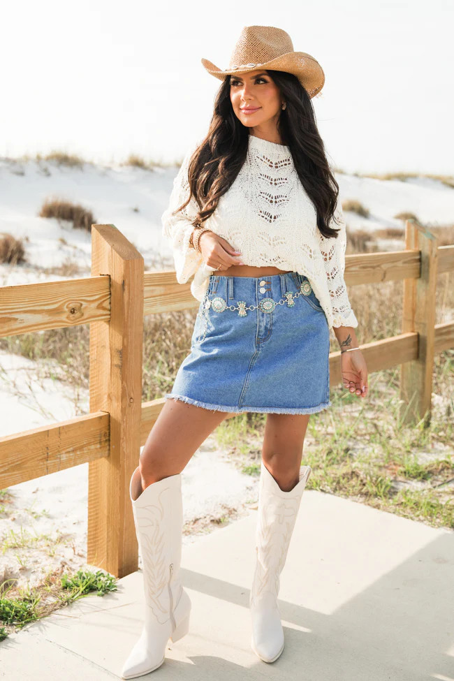 Azalea Blooms Medium Wash Paperbag Waist Denim Skirt | Pink Lily