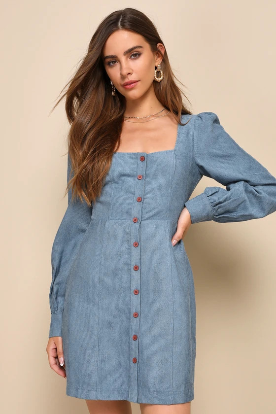 Posh Promise Blue Corduroy Long Sleeve Button-Up Mini Dress | Lulus
