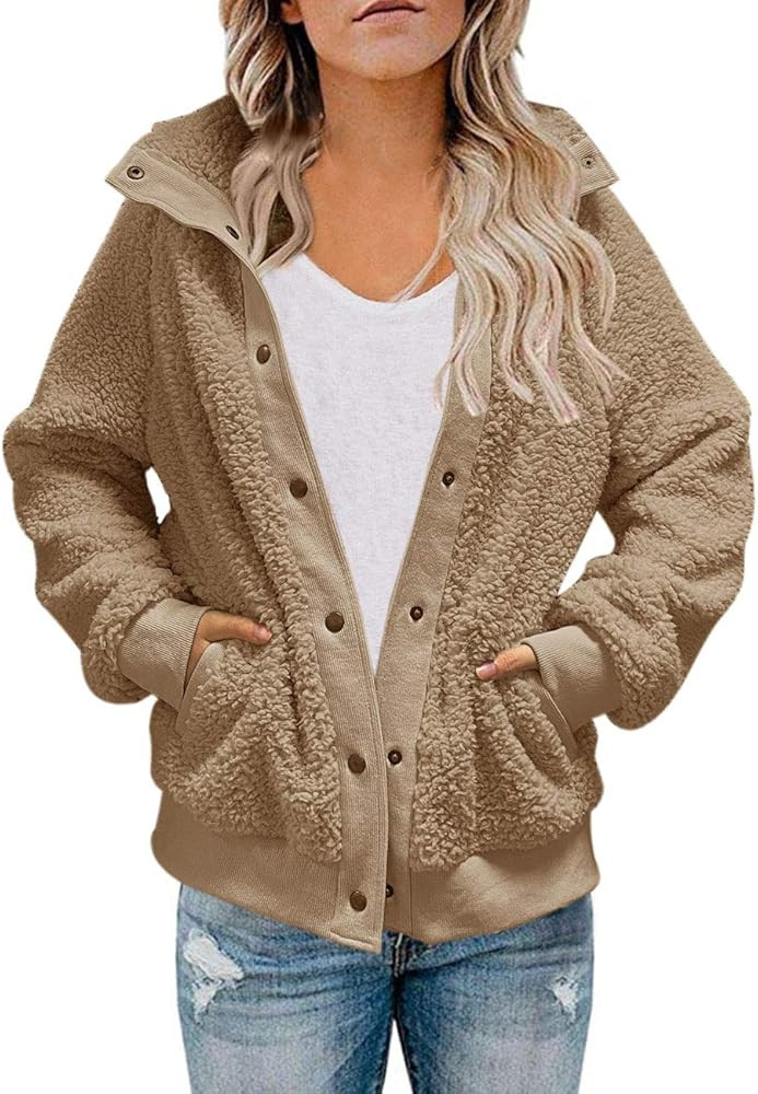 TECREW Womens Winter Sherpa Fleece Button Jacket Coat Loose Long Sleeve Outwear | Amazon (US)