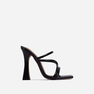 Wonder Strappy Detail Square Toe Flared Block Heel Mule In Black Croc Print Faux Leather | EGO Shoes (US & Canada)