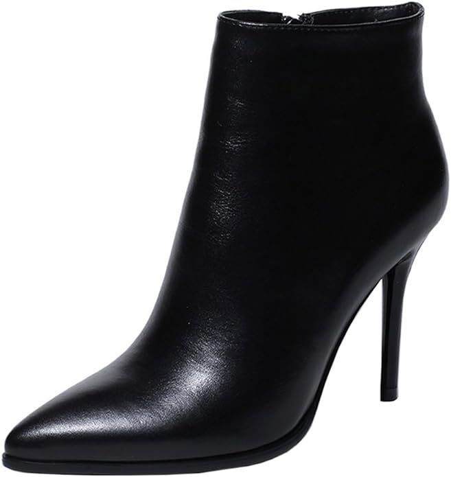 COLETER Women's Leather Ankle Boots Thin Heels Pointy Toe Zipper Daily Wear Booties | Amazon (US)