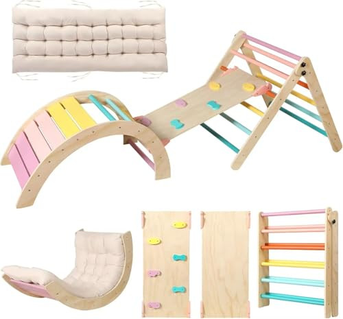 Pikler Triangle Set with Cushion Large, 5 in 1 Montessori Foldable Climbing Set, Climbing Indoor Playground Set for Toddlers, Wooden Climbing Toys with Ramp and Arch Climber for Kids (Color-B) | Amazon (US)