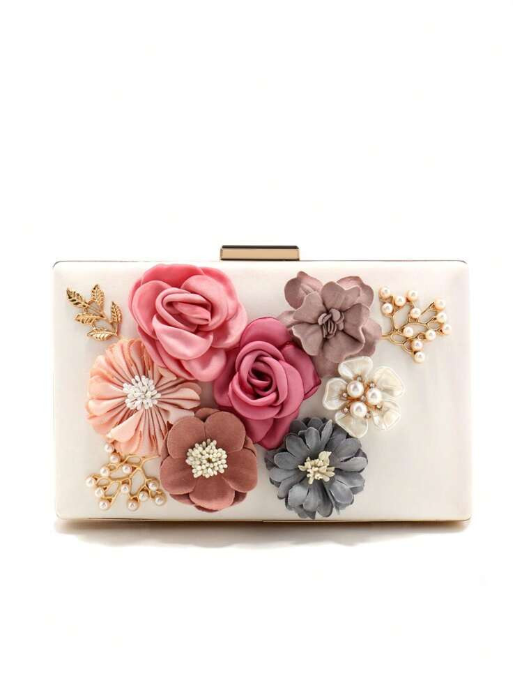 Valentine's Day Gift, Romantic Floral Decorated Evening Clutch Bag For Women, Fashionable & Cute Lady's Handbag, Pearl & Rhinestone Shiny Tote Bag, Spring Pink Shoulder Chain Bag, Elegant Floral Ladies Purse | SHEIN