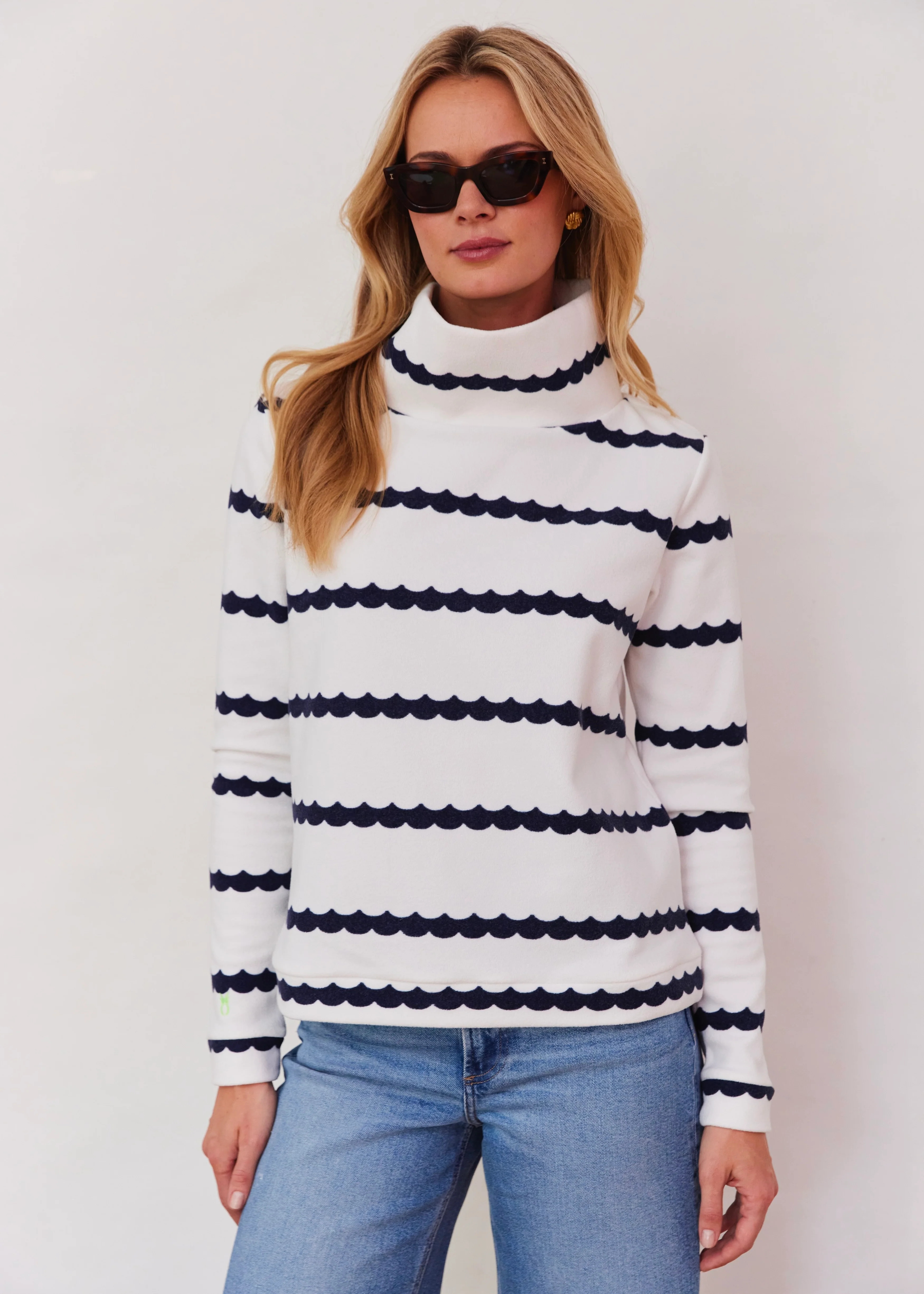 Park Slope Turtleneck in Terry Fleece (Navy Scallop Stripe) | Dudley Stephens