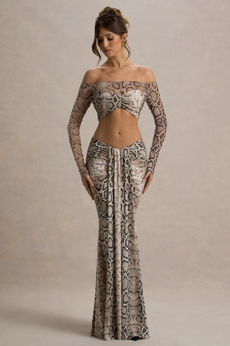 Vitality  Snake Print Ruched Drape Maxi Skirt | Club L London