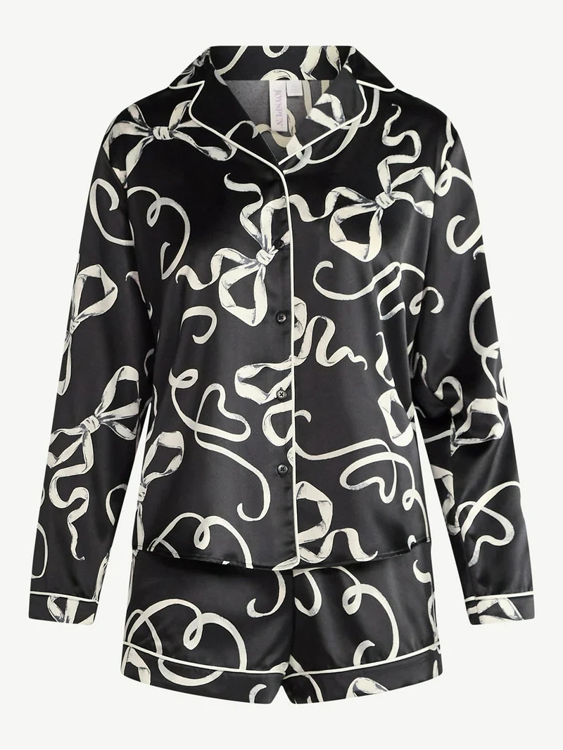 Joyspun Women’s Stretch Satin Notch Long Sleeve Top and Shorts Pajama Set, 2-Piece, Sizes XS-3X | Walmart (US)