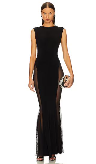 Sleeveless Crewneck Fishtail Gown With Mesh Sides in Black & Black Mesh | Revolve Clothing (Global)