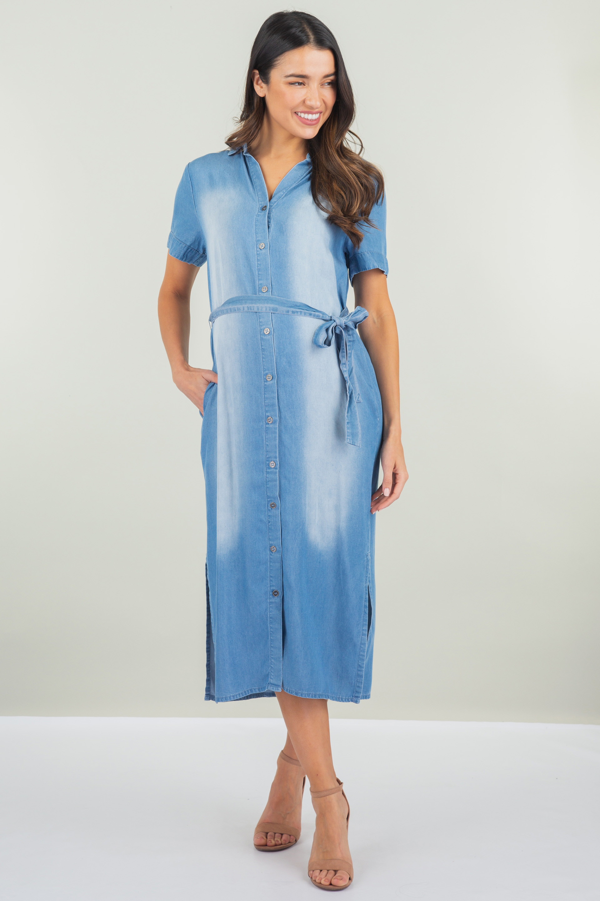 Maternity and Nursing Chambray Denim Dress with Belt | Walmart (US)