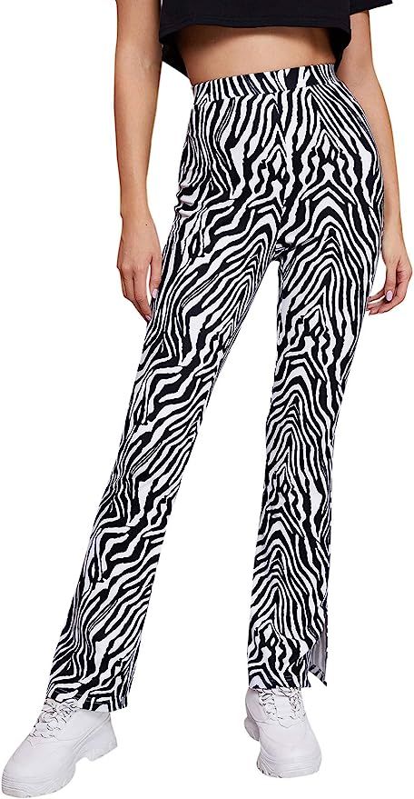 Milumia Women's Zebra Print Fashion Pants Elastic High Waist Slit Hem Casual Pants | Amazon (US)