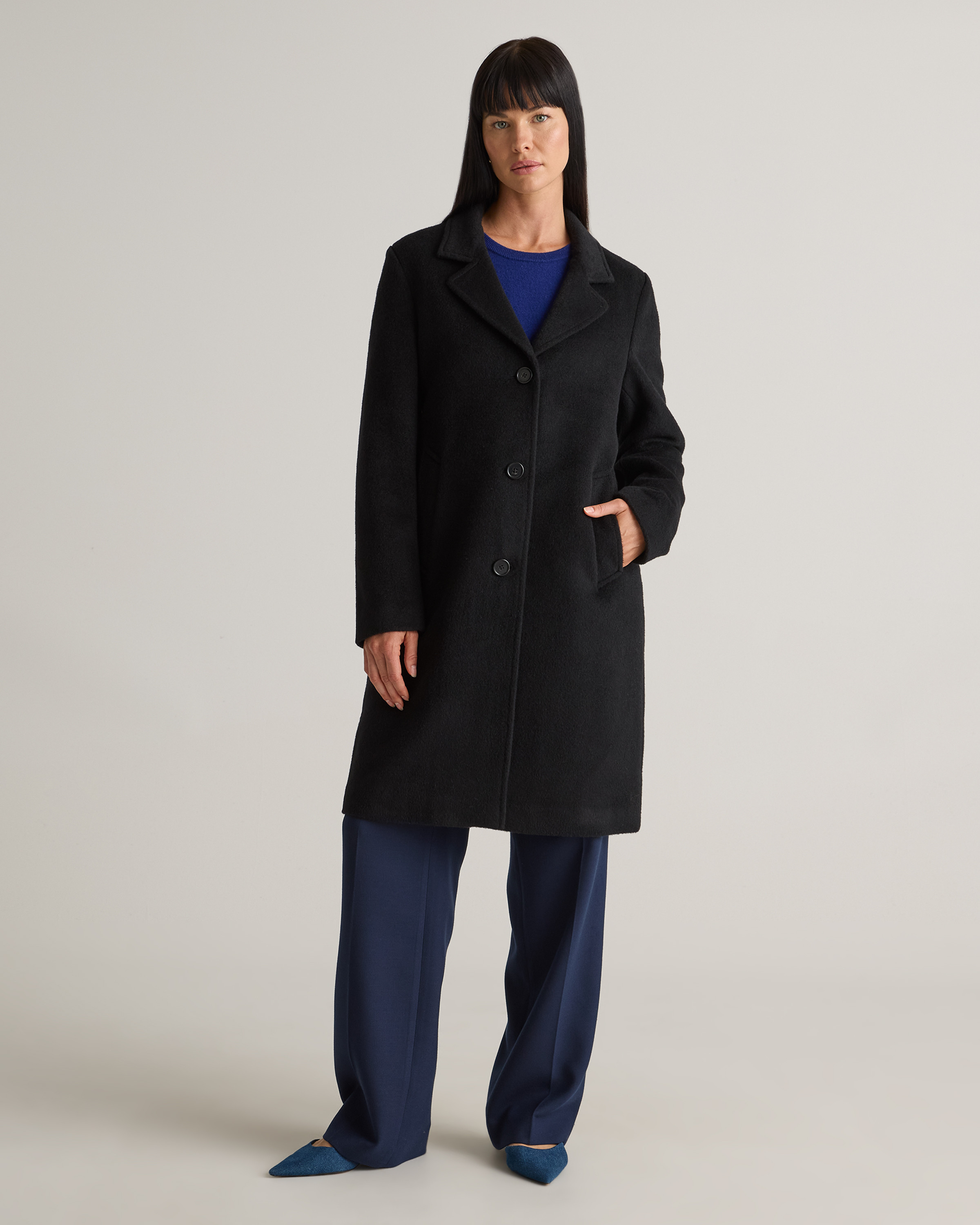 Quince | Women's Camel Hair Single-Breasted Midi Coat in Black, Size Medium, Wool | Quince
