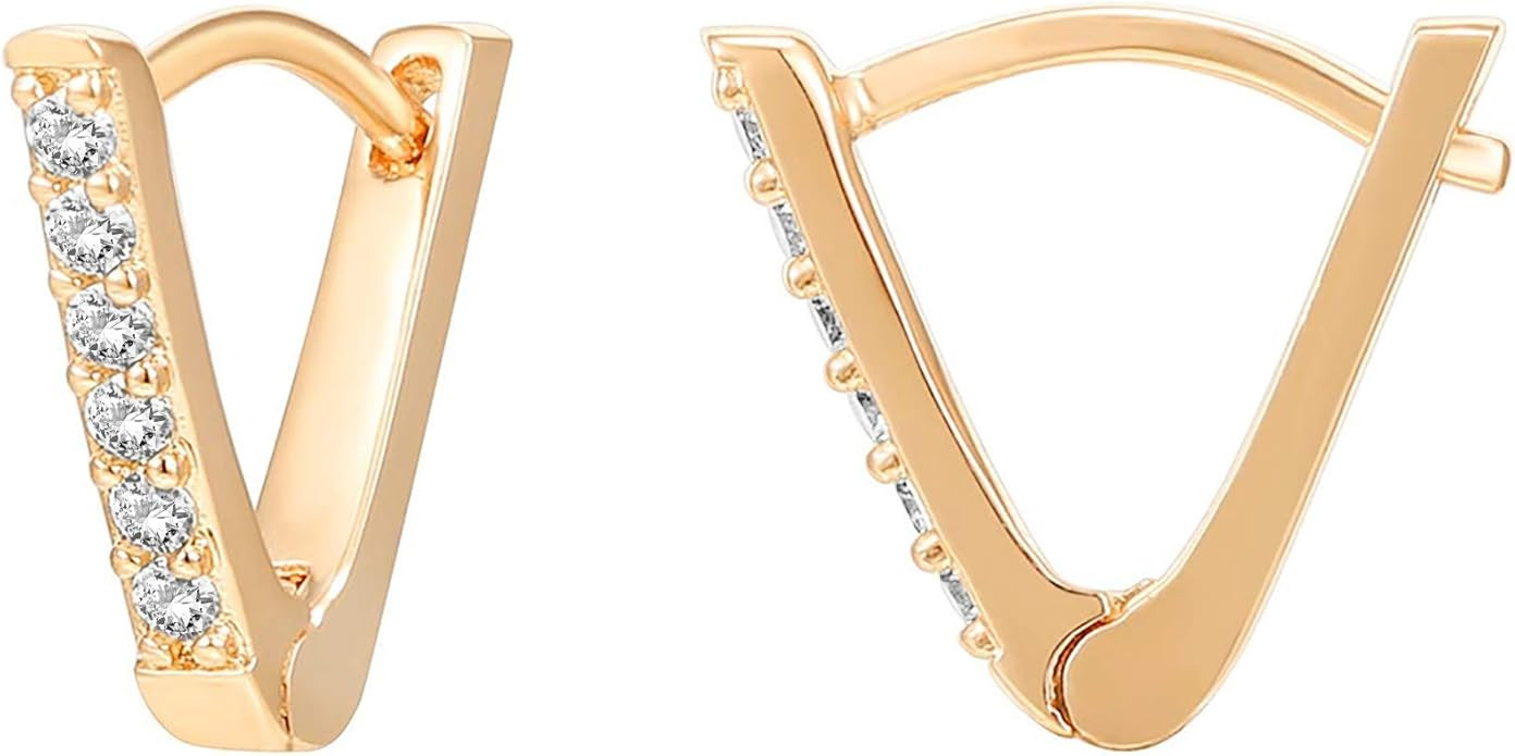 PAVOI 14K Gold Plated Sterling Silver Post V-Shaped Huggie Earrings - Cubic Zirconia Studded Smal... | Amazon (US)