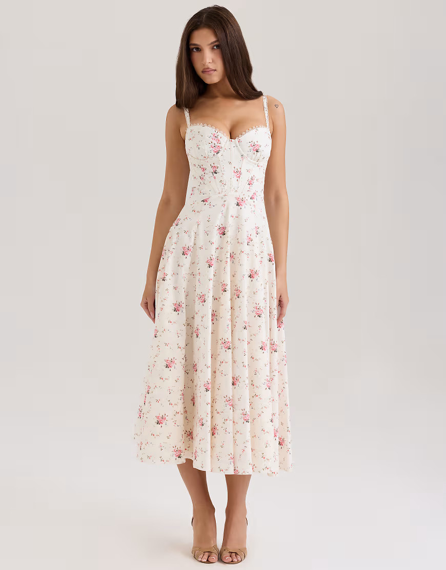 House of CB Steffani stretch cotton midi sundress in white rose print | ASOS (Global)