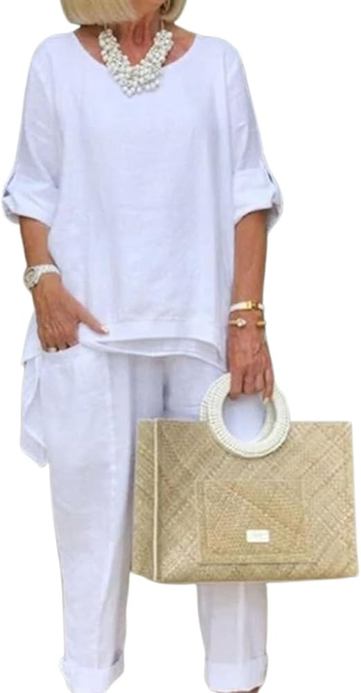 Women Linen 2 Piece Pants Suit for Women Dressy Cotton Linen Sets Outfits Long Sleeve Shirts Wide... | Amazon (US)