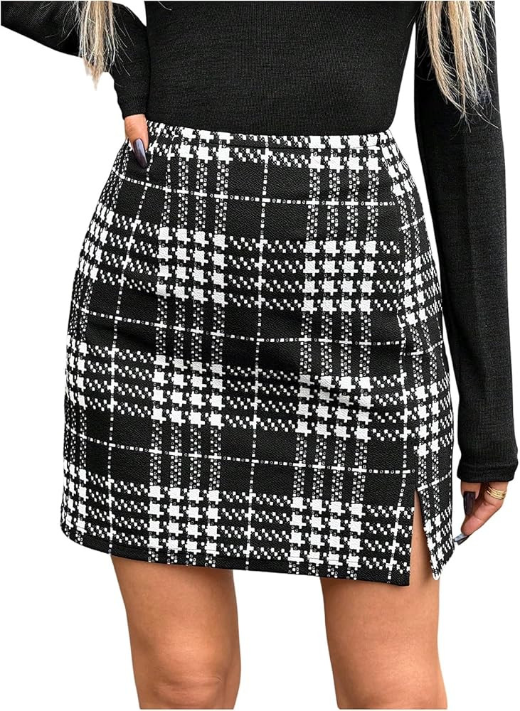 MakeMeChic Women's Fall Plaid Split Mini Skirt Business Work Straight Skirts | Amazon (US)