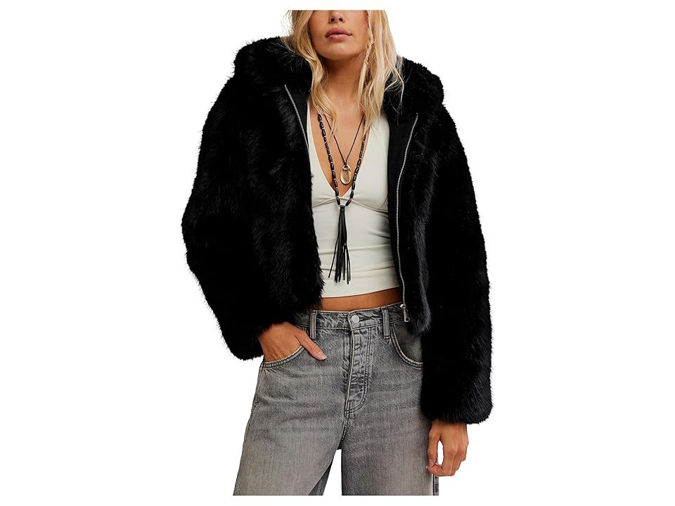 Free People Louder Please Hooded Faux Fur Jacket Women's Jacket Black : XS (Women's 0-2), Faux Fur/Polyester | Zappos