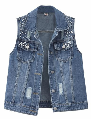Jiruixin Women's Pearl Denim Vest - Stylish Cropped Jean Jacket for Girls - Trendy Lightweight Rhinestone Sleeveless Vest for Summer Fashion Top(L,Blue) | Amazon (US)