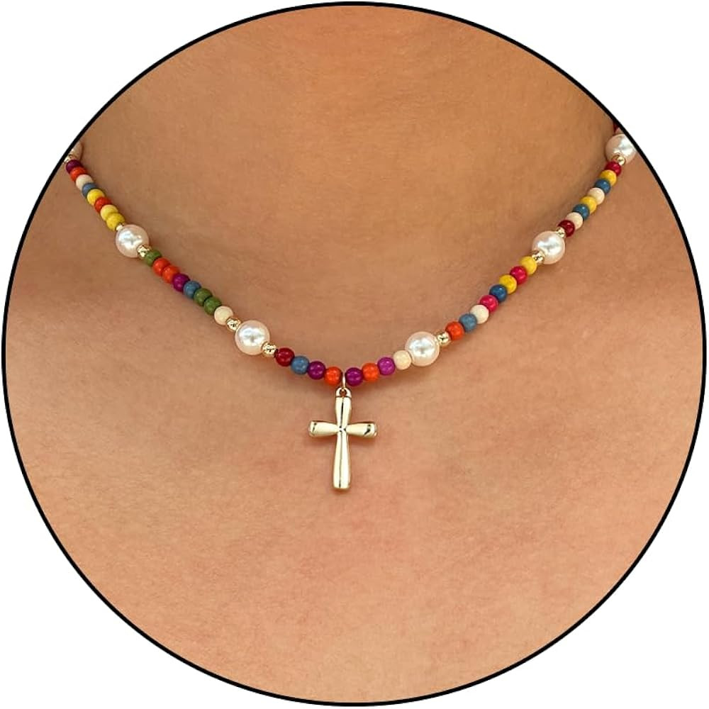 Cross Necklace for Kids-Trendy Colorful Beaded Choker Necklace for Women Teenage Girls, Dainty Cr... | Amazon (US)