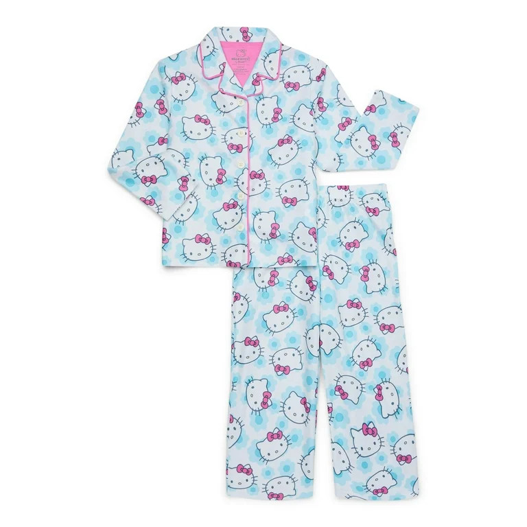 Hello Kitty Girls Long-Sleeve Button-Front Top and Pants Pajama Set, 2-Piece, Sizes 4-16 | Walmart (US)