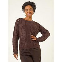 Roman Petite Button Cable Knit Jumper - Brown | Very (UK)