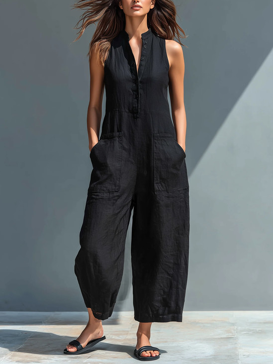 Casual Pockets Plain V Neck Tank Jumpsuit | Stylewe